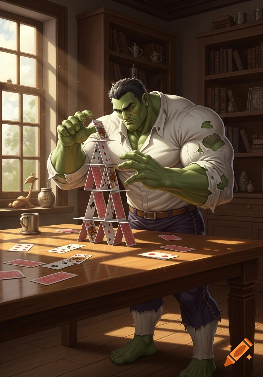 A muscular, green, Hulk-like character in torn clothes intently builds a house of cards on a wooden table in a sunlit room.