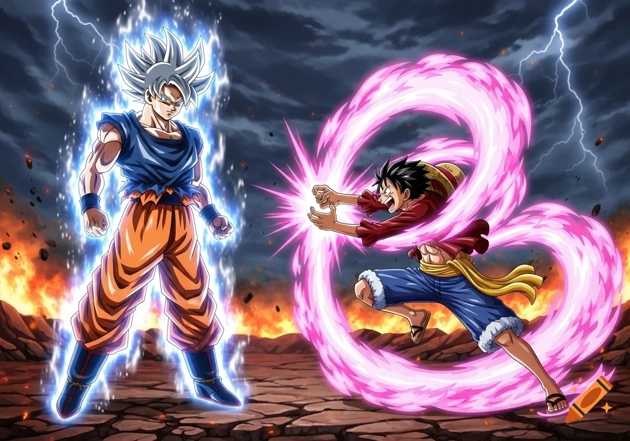 Anime illustration of Goku in Ultra Instinct form battling Luffy in Gear 5, surrounded by blue and pink energy in a fiery landscape.