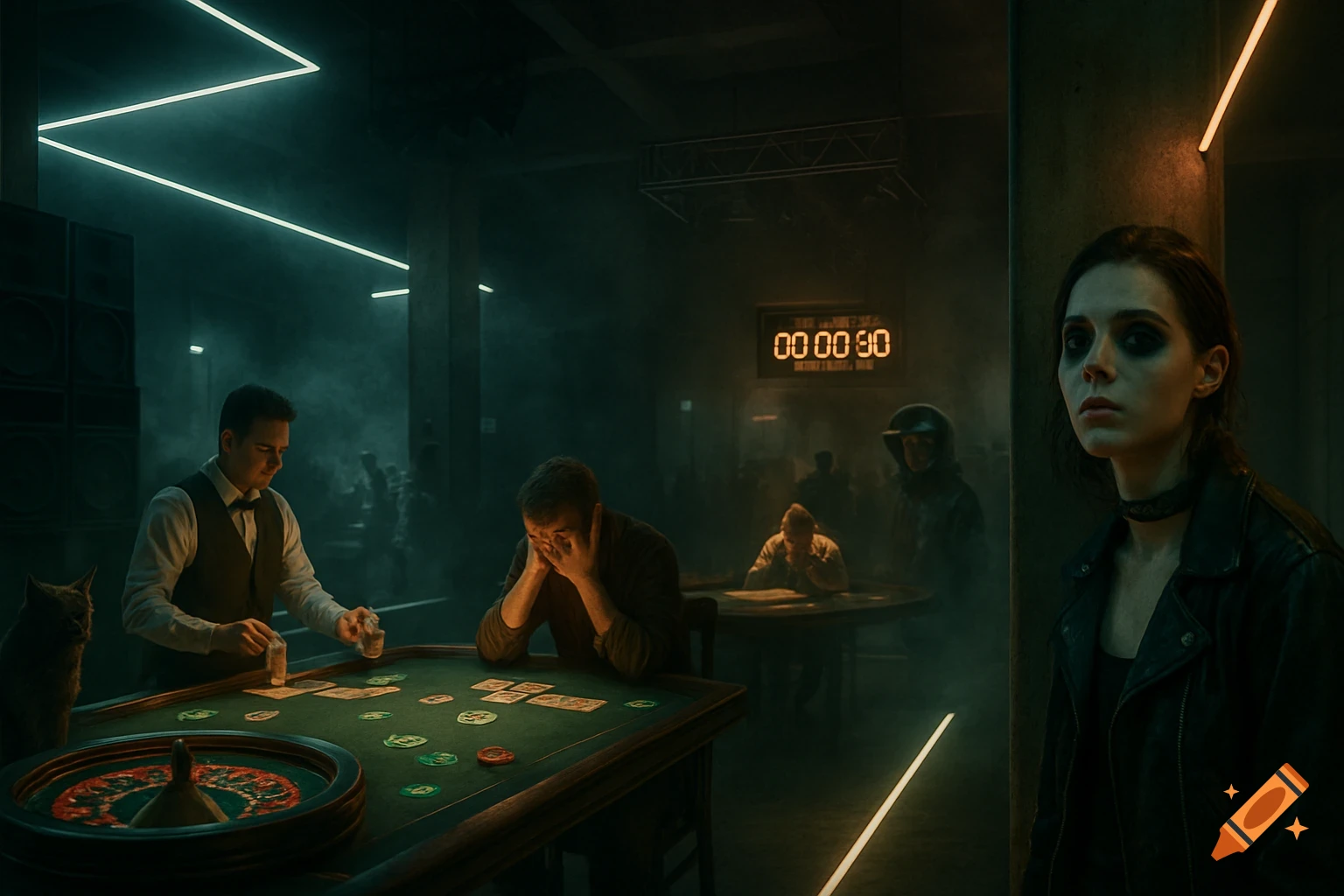 A moody, dimly lit underground casino with neon lights, featuring a dealer, a distressed gambler, a woman with dark makeup, a cat on the table, and a digital countdown 00:00:30.