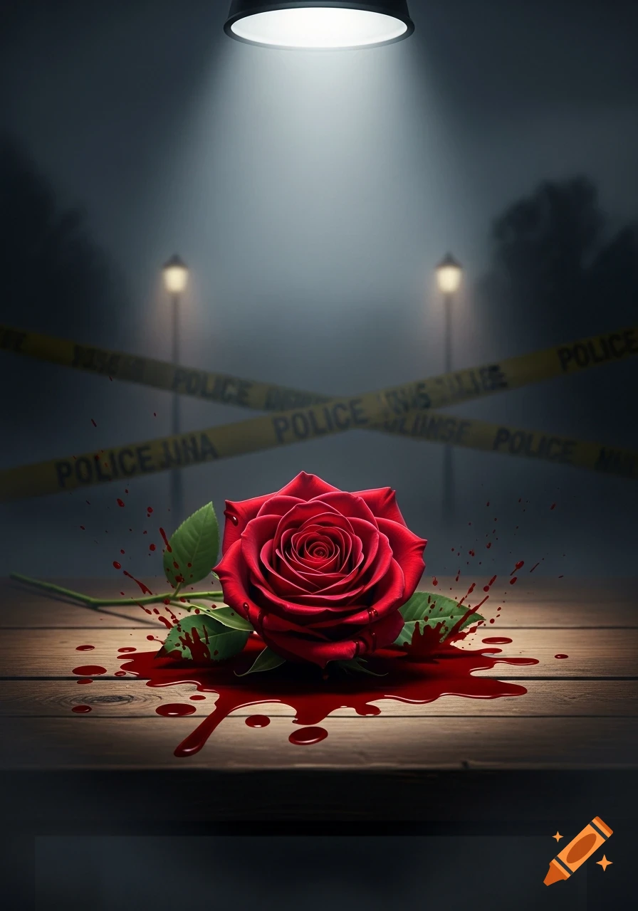 A dramatic image of a red rose lying in a pool of blood on a wooden surface, illuminated by a spotlight, with blurred police tape and streetlights in a dark, foggy background.