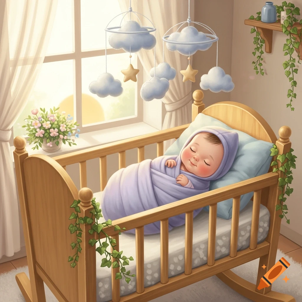 A cute baby swaddled in purple, sleeping peacefully in a wooden crib with a cloud mobile, flowers, and ivy, in a sunlit nursery.