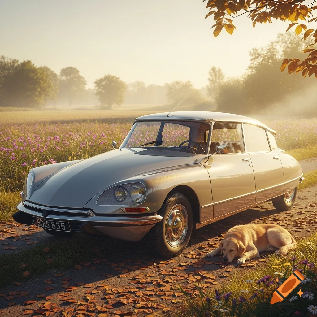 A silver Citroën DS 23 Pallas classic car parked on a dirt path next to a sleeping golden dog in a sunlit field with flowers.
