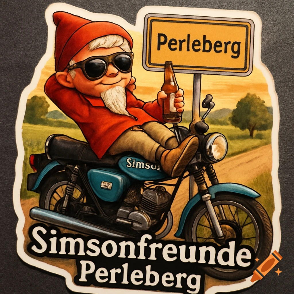 A stylized sticker shows a cartoon gnome with sunglasses and a red hat, lounging on a blue motorcycle, holding a beer. Behind him is a yellow sign reading "Perleberg." Below, a banner reads "Simsonfreunde Perleberg."