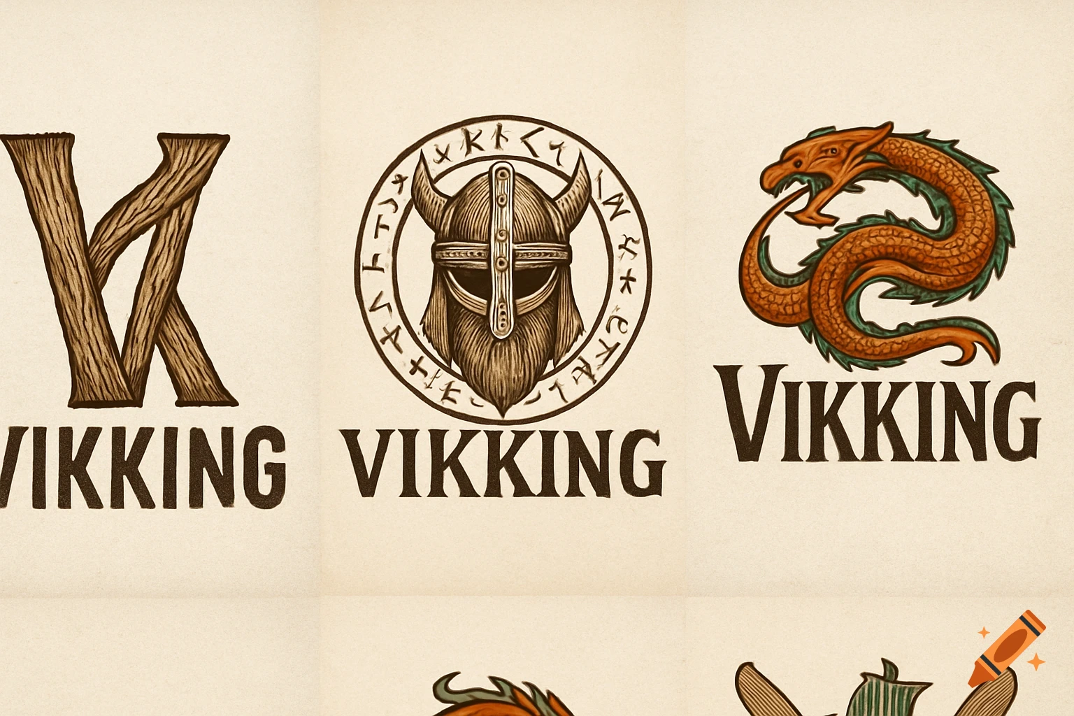 Three distinct Viking-themed logos are displayed in a grid, featuring a wooden 'V', a helmet with runes, and a dragon, all with the 'VIKKING' brand name.