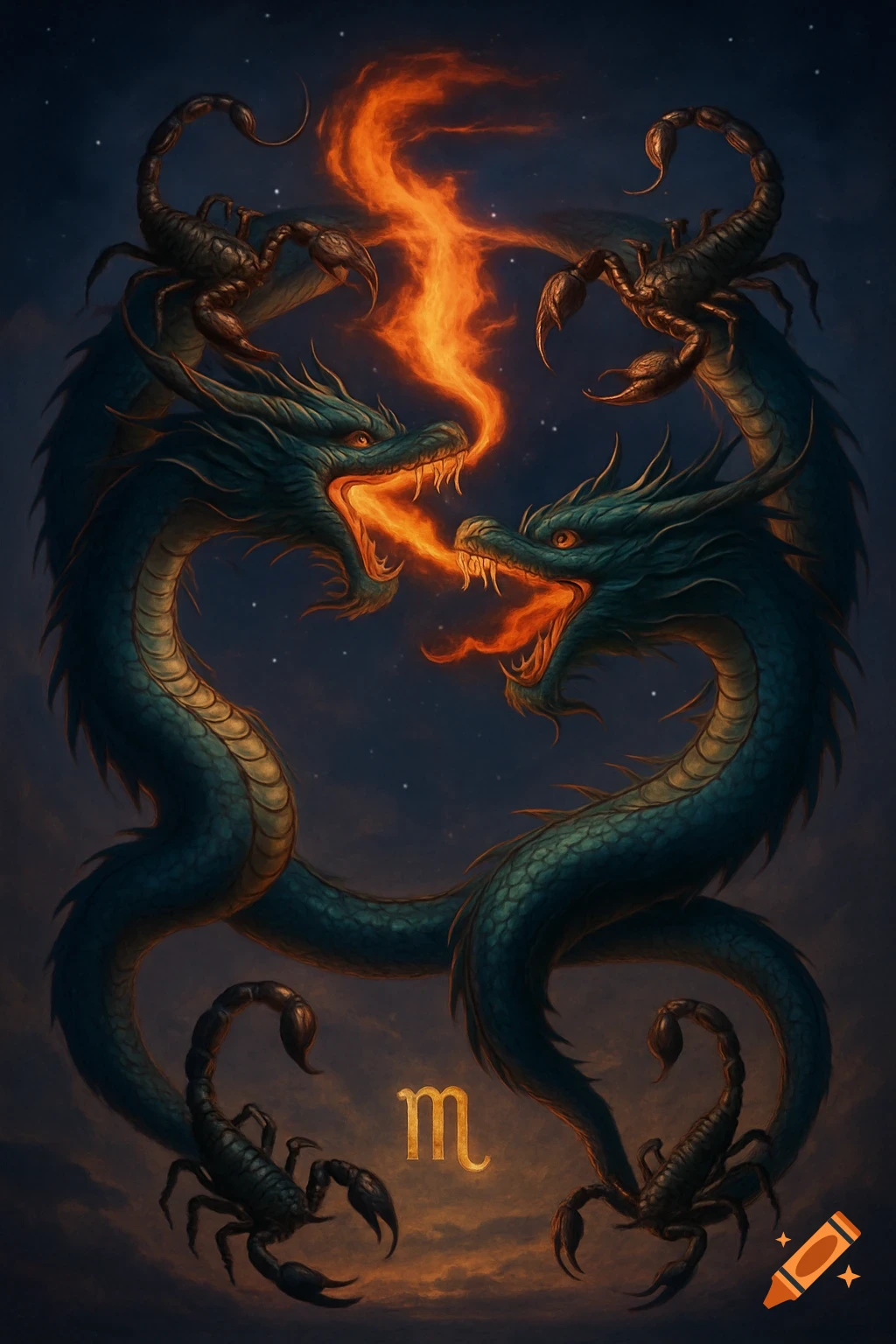 Two teal dragons intertwined, breathing fire, with scorpions on their bodies, and the golden Scorpio zodiac symbol at the bottom.