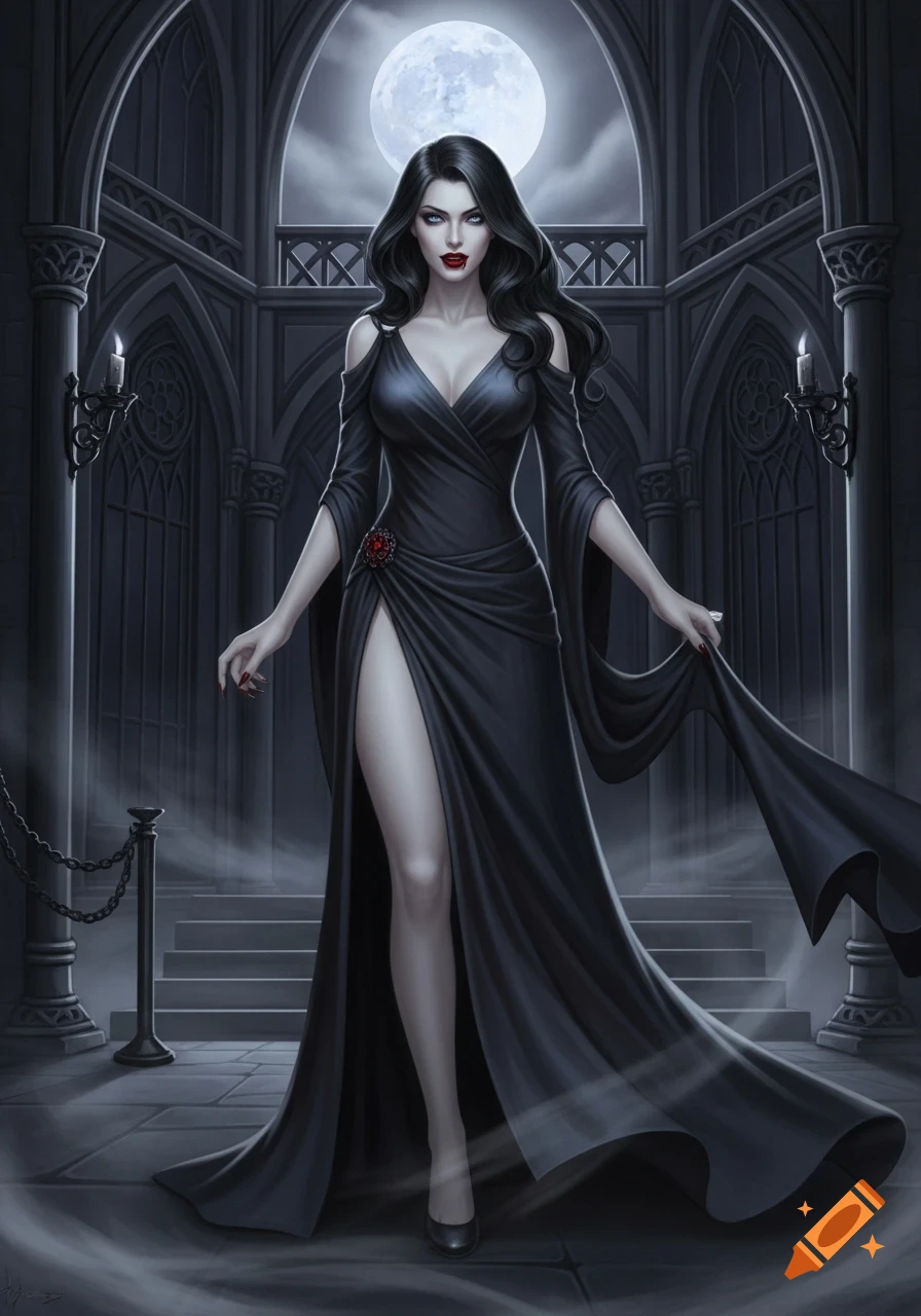 A confident female vampire with long black hair, fangs, and red lips stands in a flowing black dress with a high slit, in a gothic hall under a full moon.