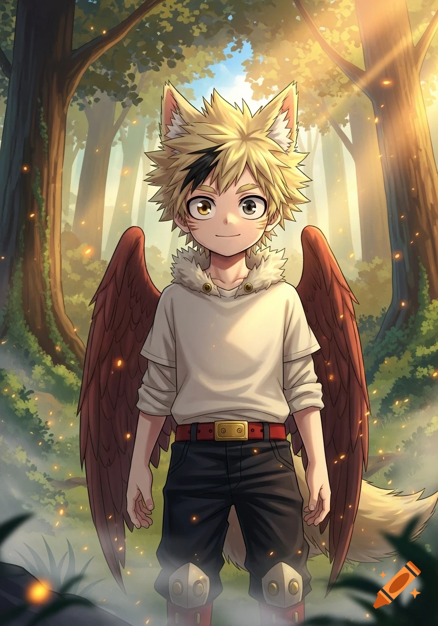 Anime boy with blonde spiky hair, wolf ears, and red wings stands in a sun-dappled forest.