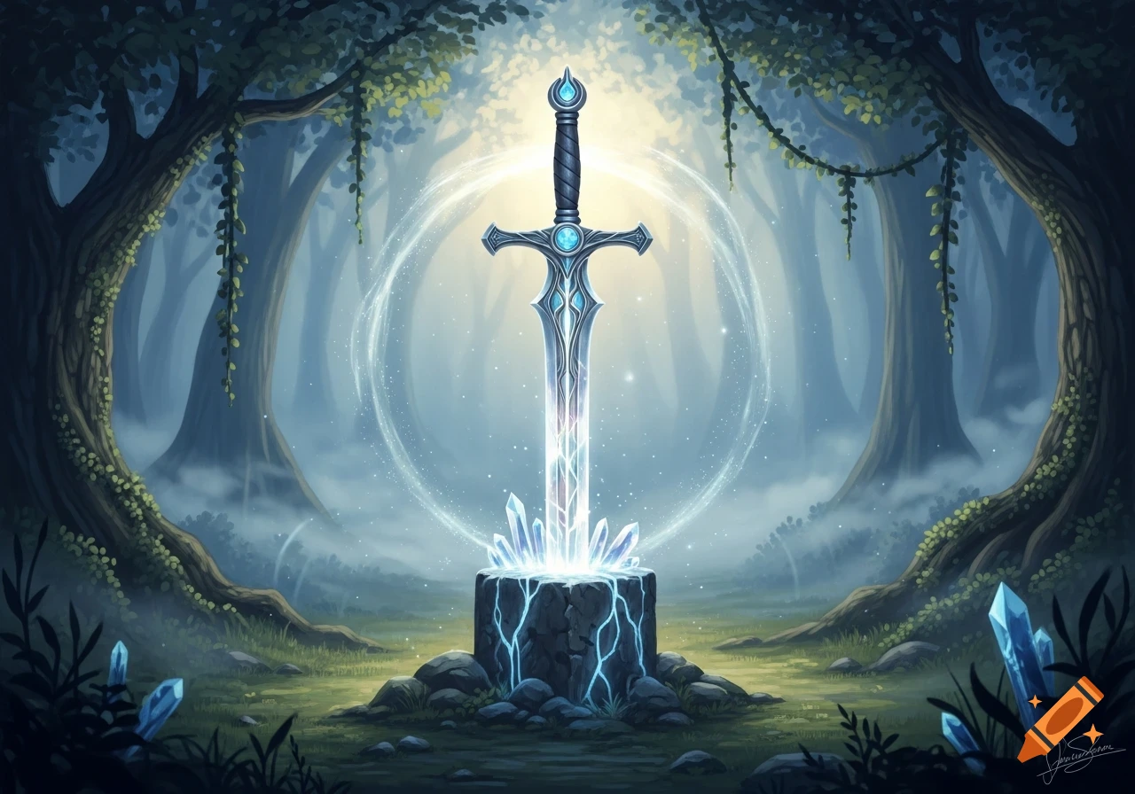 A glowing, ornate sword stands upright in a crystal-encrusted stone pedestal in a misty, ethereal fantasy forest.