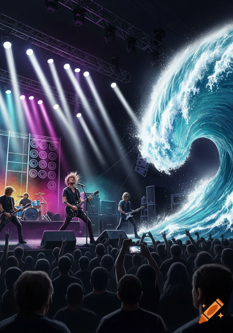 A rock band performs on a brightly lit stage before a crowd, with a giant blue ocean wave cresting dramatically behind them.