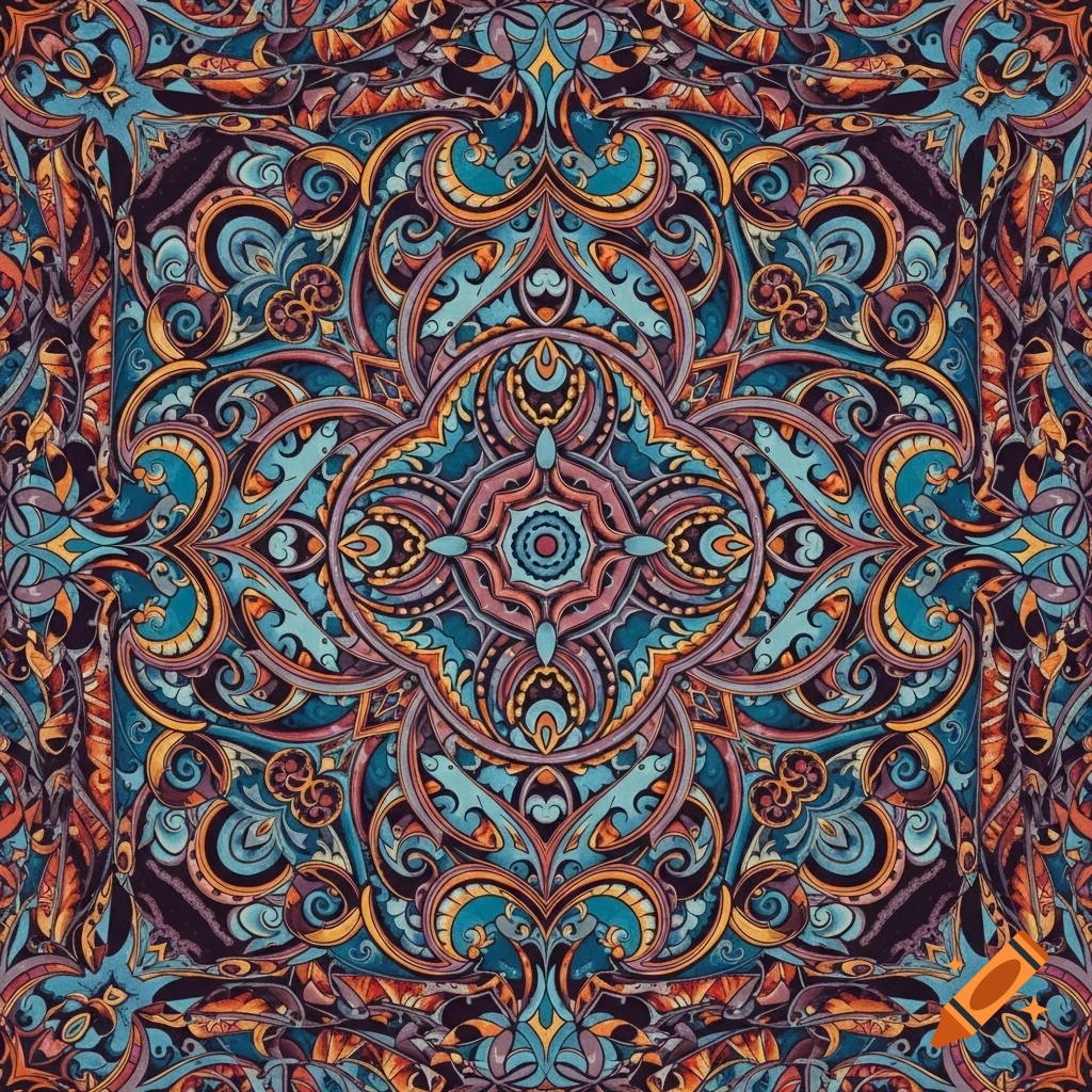 Intricate, vibrant mandala-like pattern in teal, orange, blue, and purple hues with ornate swirling designs.