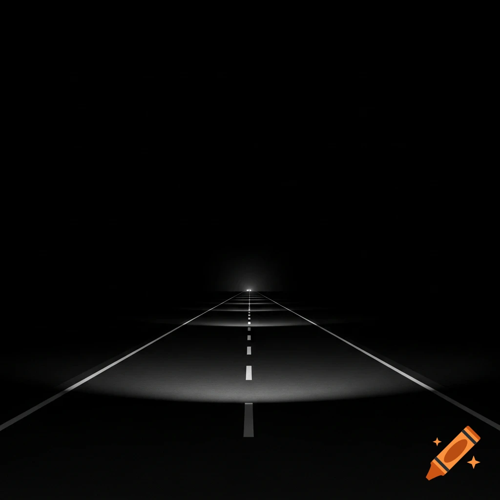 A dark, minimalist road extends into the distance, illuminated only by faint headlights showing the white lane markers.