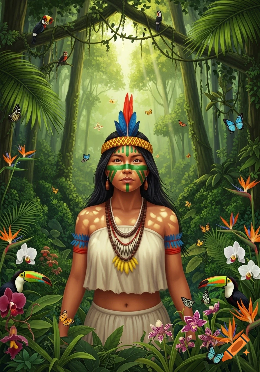 Illustrated indigenous Amazon woman with face paint and a feathered headband in a lush, colorful rainforest with toucans and butterflies.