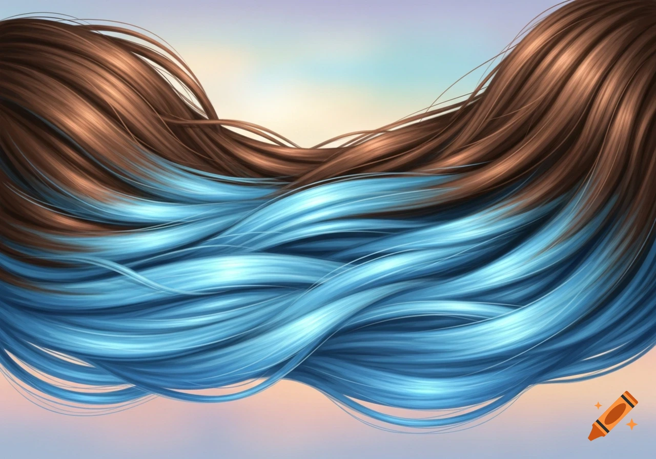 Flowing brown hair with light blue streaks against a soft gradient background.