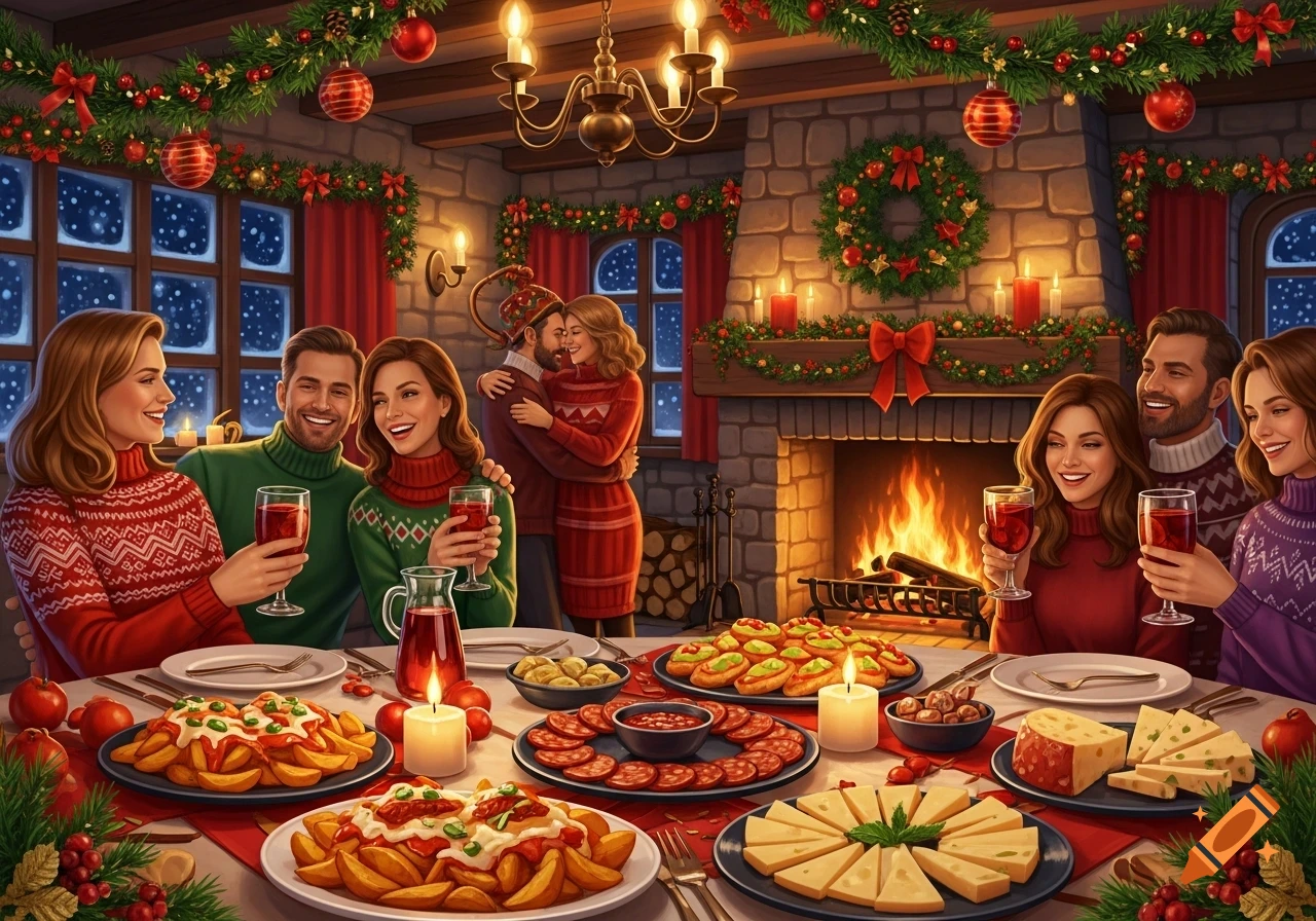 Group of people enjoying a festive Christmas dinner in a cozy, decorated room with a fireplace and snowy windows.