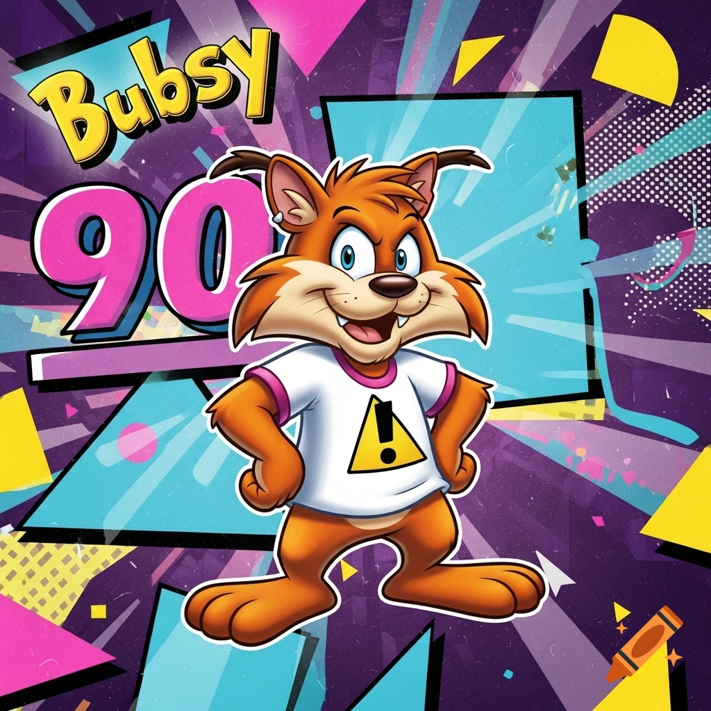 Cartoon bobcat character Bubsy, wearing a white t-shirt with an exclamation mark, against a colorful 90s background with 'Bubsy 90' text.