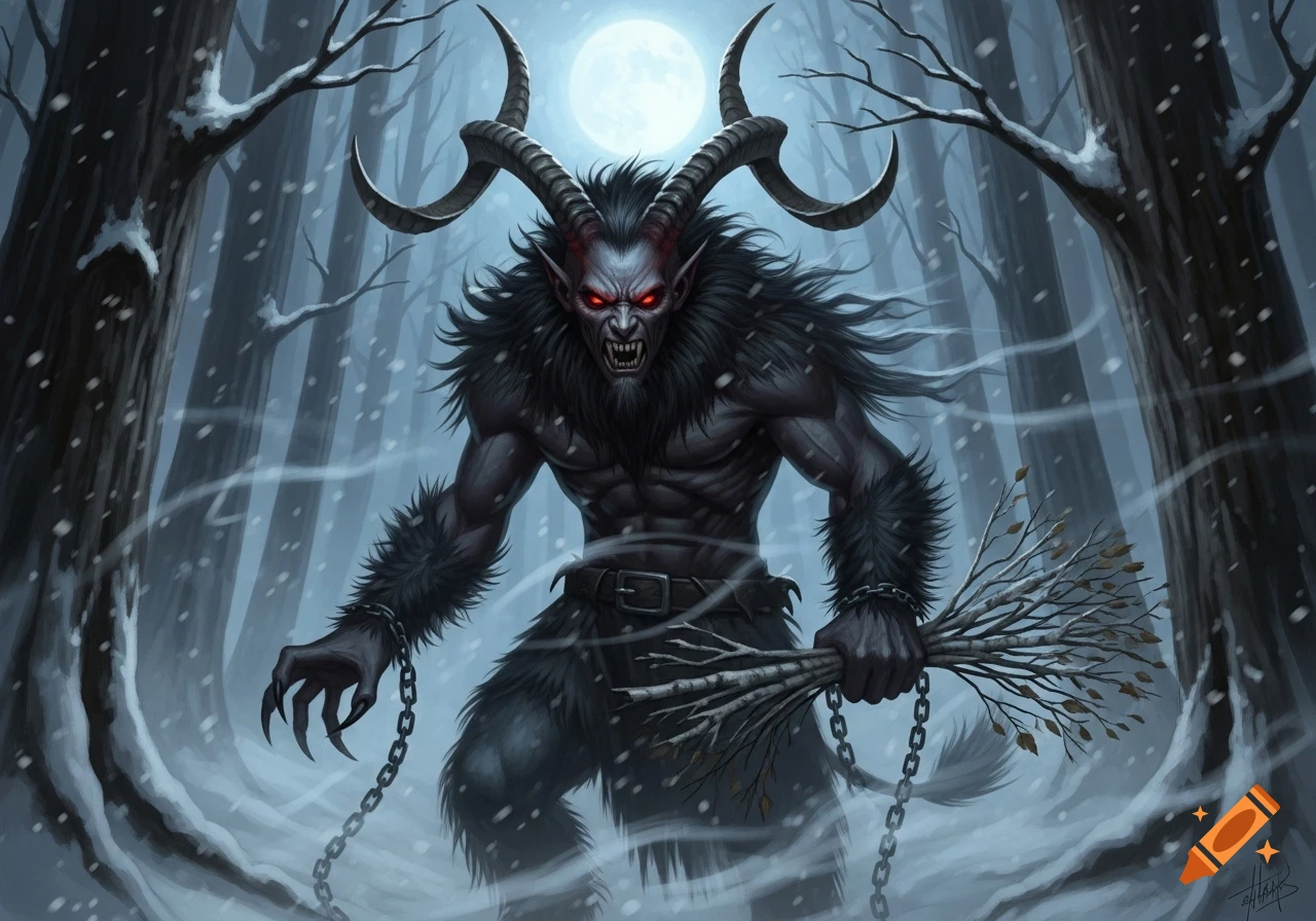 A menacing Krampus with horns and glowing red eyes stands in a snowy forest under a full moon, holding a bundle of branches and chained wrists.