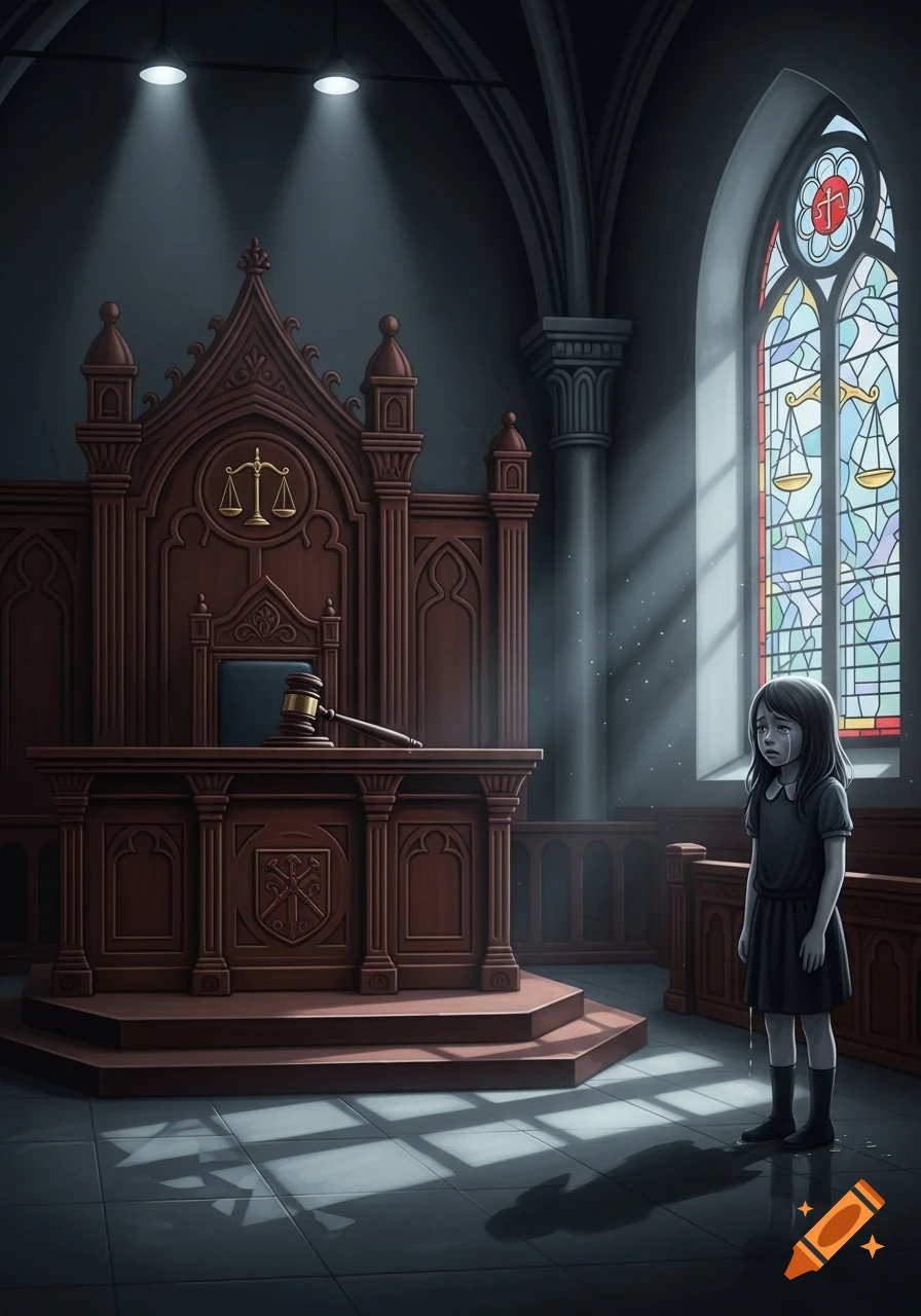 A crying young girl stands in a dimly lit, gothic courtroom with a large wooden judge's bench and a stained glass window. Illustrated.