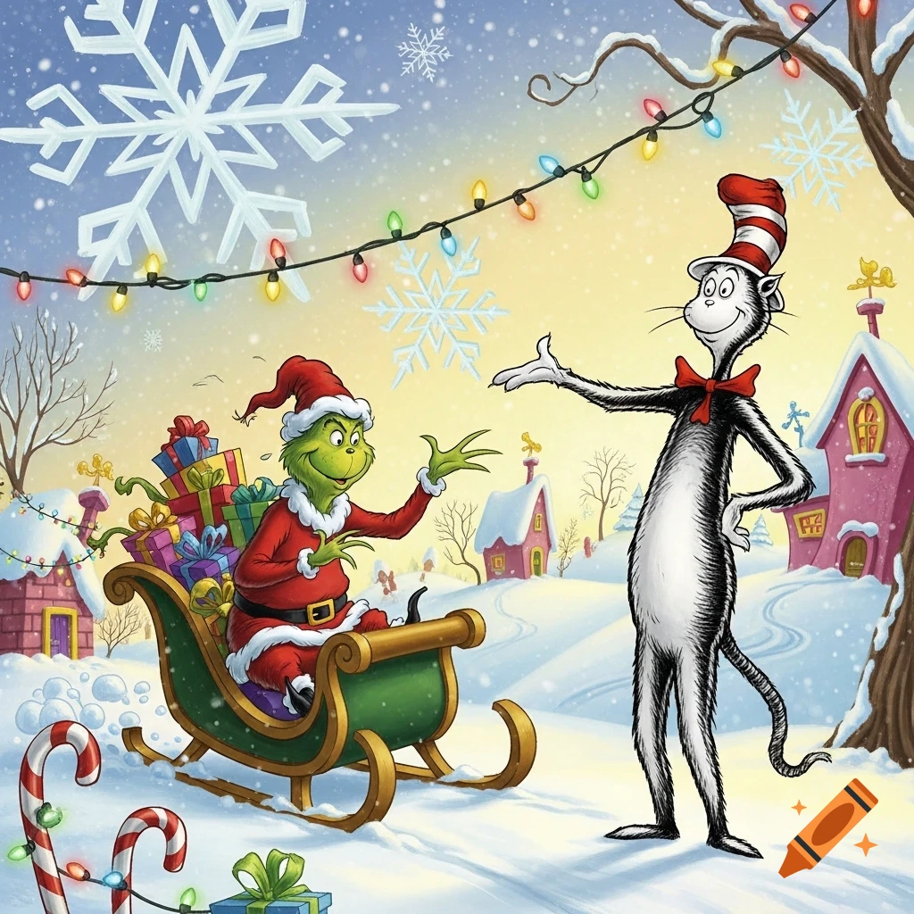 The Grinch in a sleigh of presents meets the Cat in the Hat in a snowy Christmas village, cartoon style.