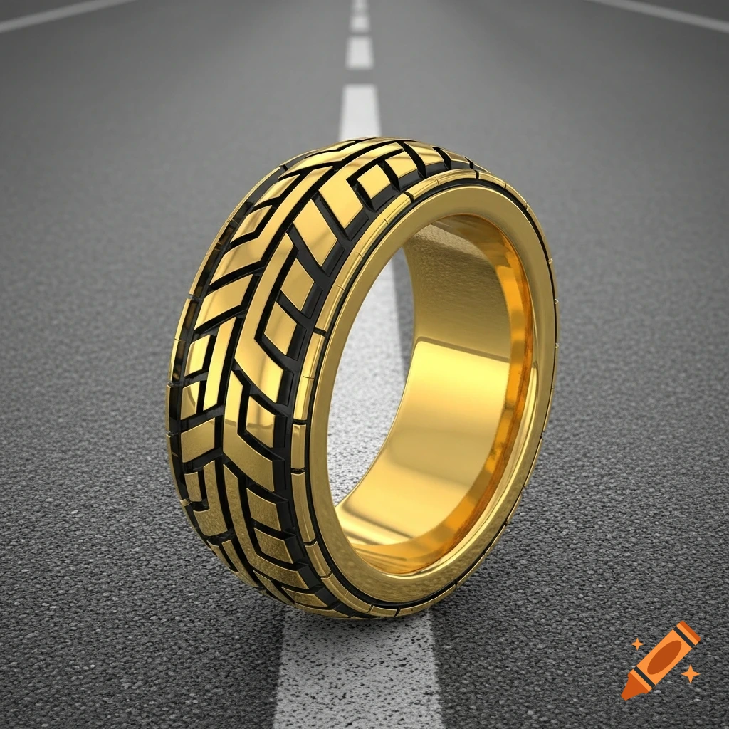 A photorealistic golden ring with a tire tread pattern sits on an asphalt road with a white dashed line.
