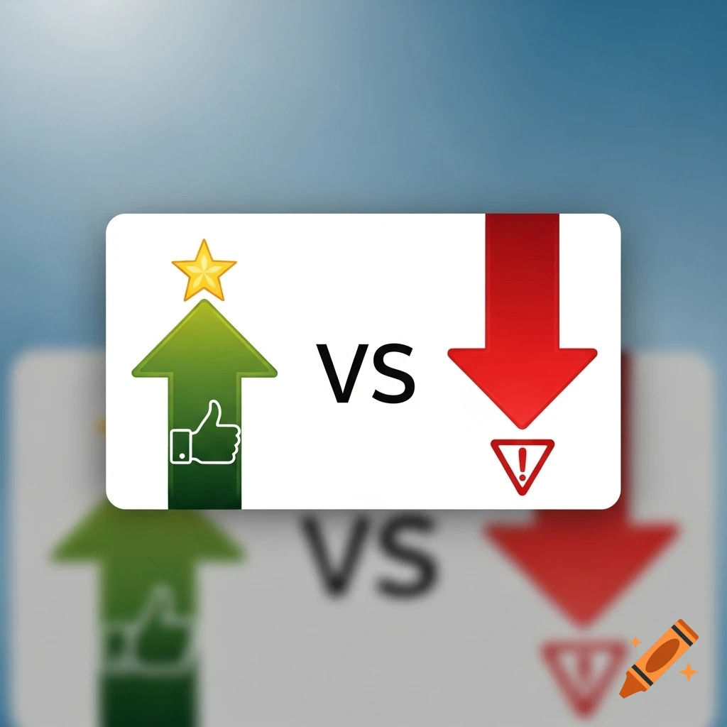 Green up arrow with a star and thumbs-up icon, 'VS' text, and a red down arrow with a warning sign.