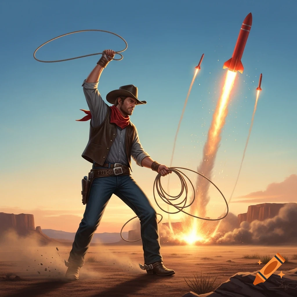 A cowboy in a desert prepares to throw a lasso as red rockets launch into the sky with fiery exhausts.