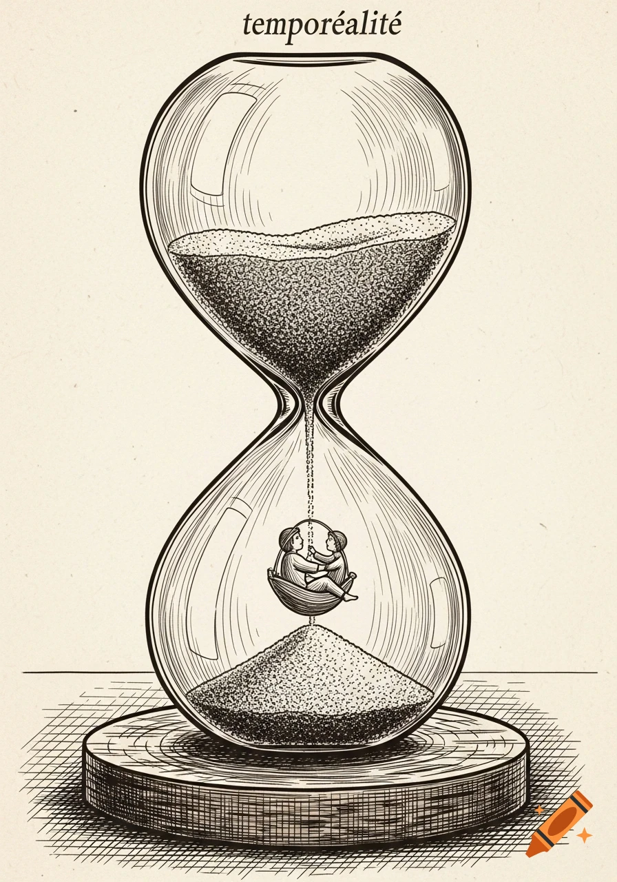 Engraving illustration of an hourglass with 'temporéalité' above it. Two small figures embrace in a boat within the glass as sand falls.