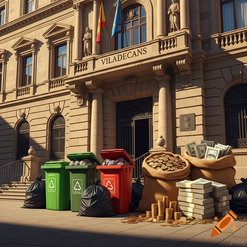 Photorealistic image of the Viladecans town hall, a stone building, with recycling bins, trash bags, and sacks of coins and cash on its steps.