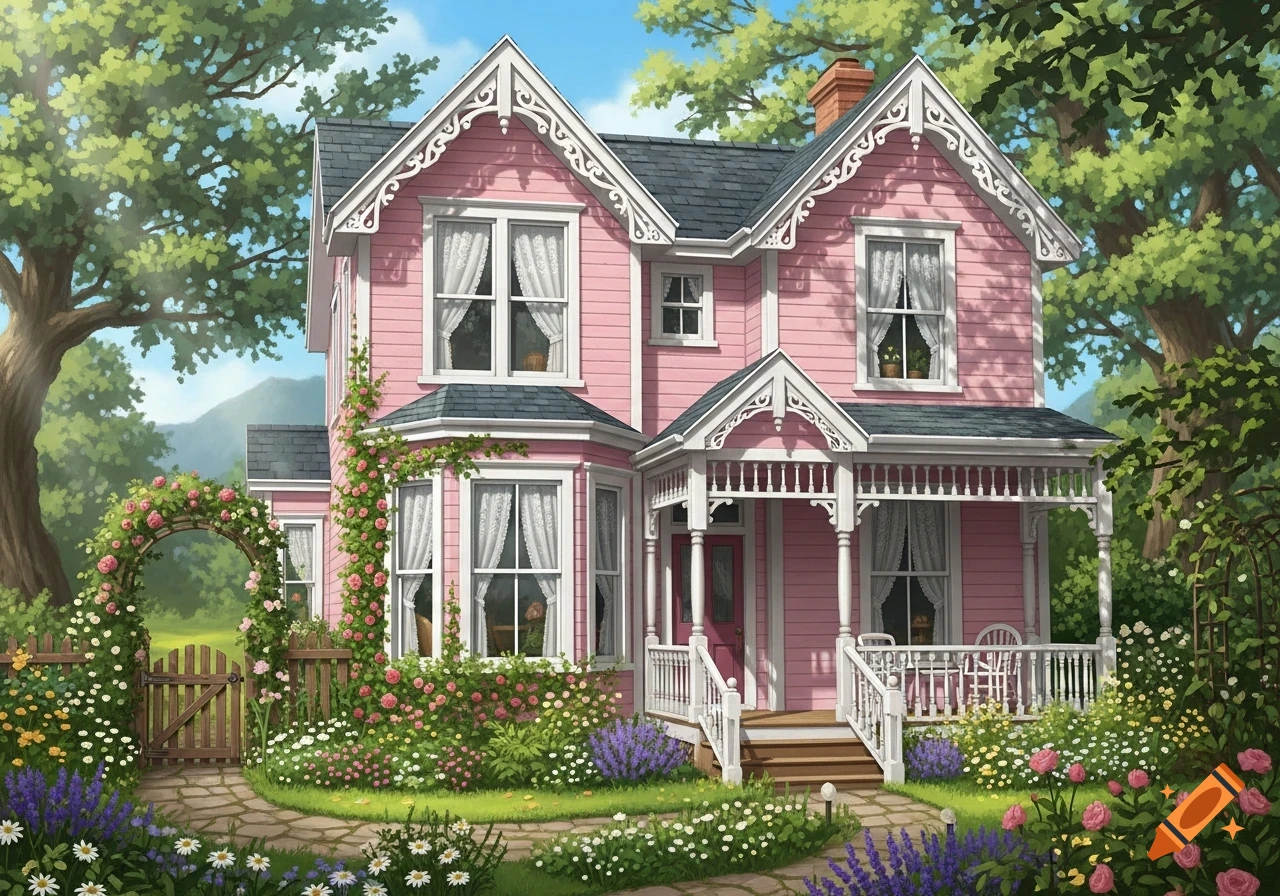 A charming pink Victorian-style cottage with white decorative trim, surrounded by a lush garden of roses, lavender, and daisies.