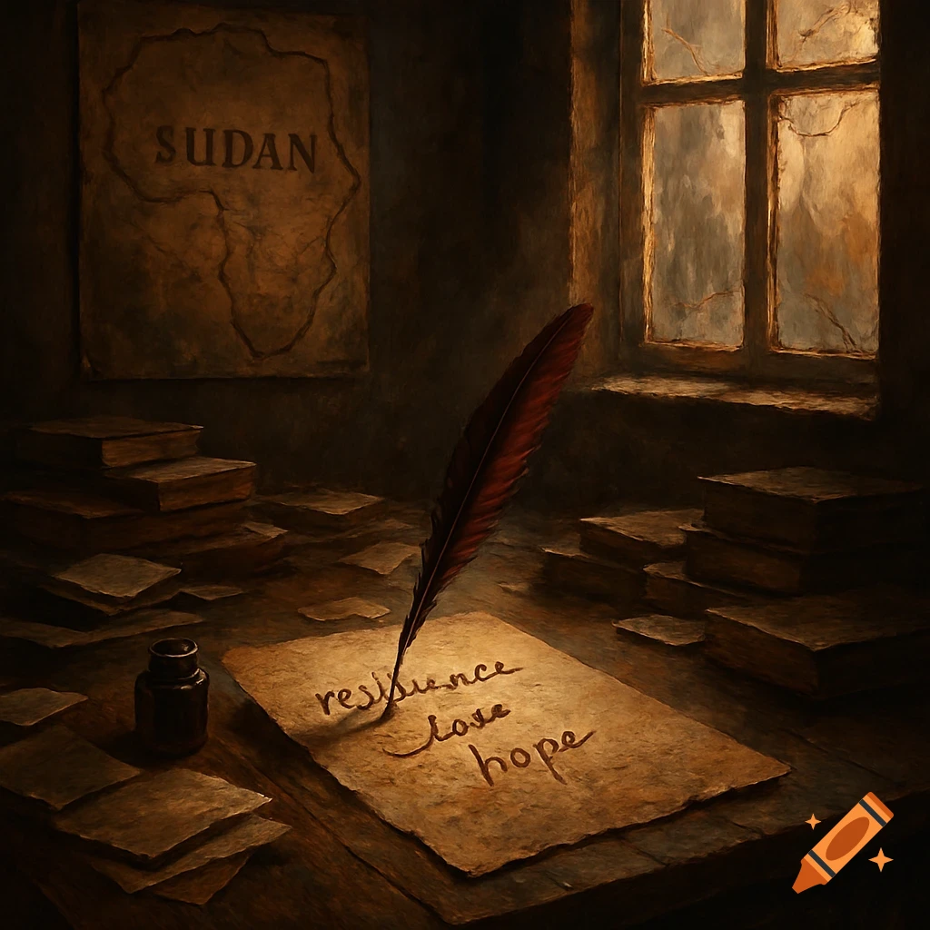 A dark, painterly image of a quill poised over paper with "resilience love hope." Books, inkwell, and a "SUDAN" map on the wall.
