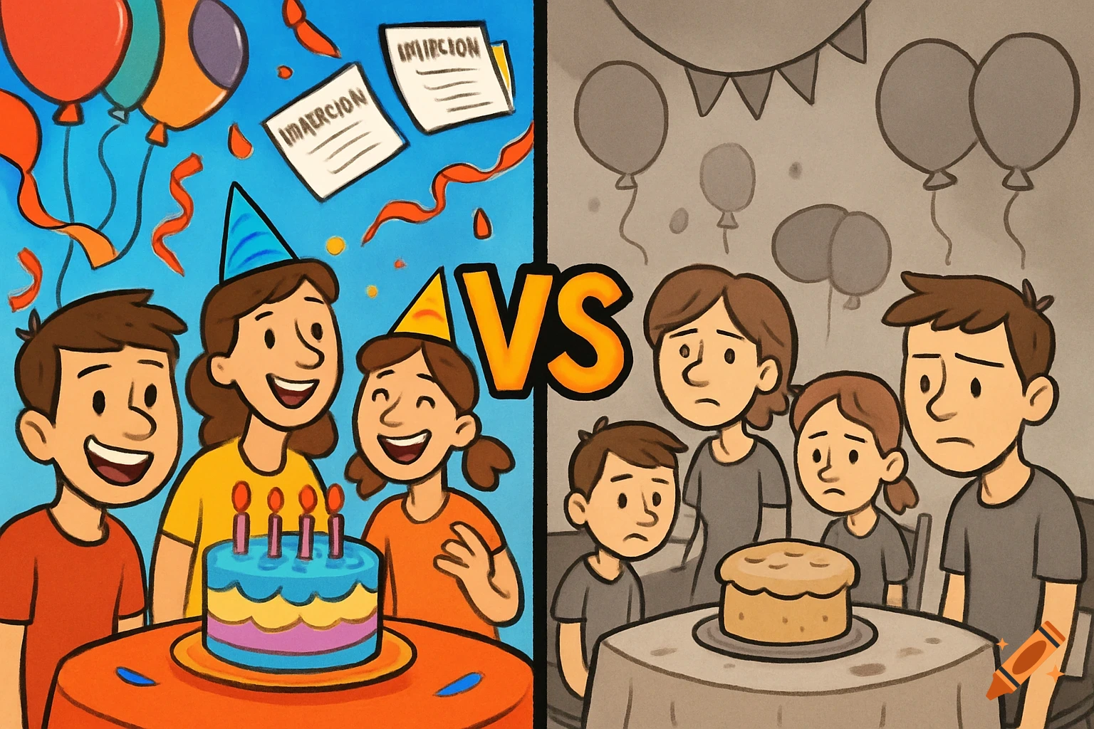 Cartoon comparison of a happy family at a vibrant birthday party with cake vs. a sad family with a plain cake in a dull setting.