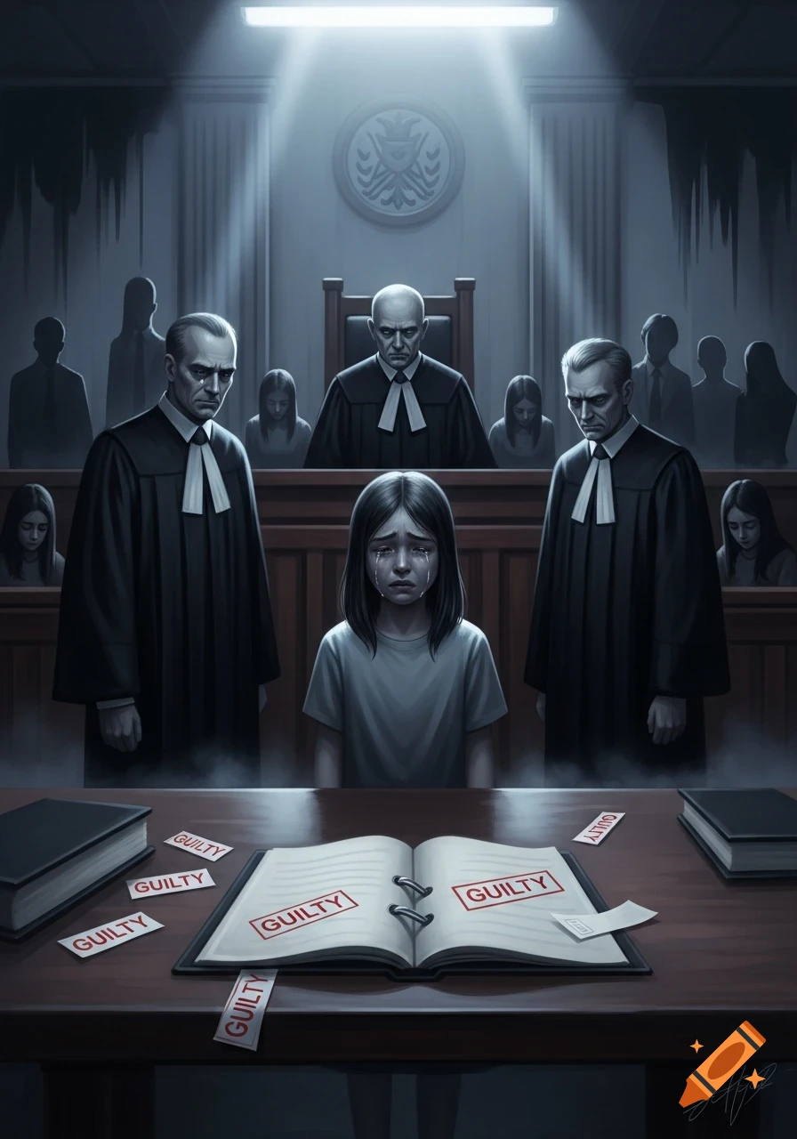 A crying girl in a dark courtroom, surrounded by somber lawyers and a judge. Papers marked "GUILTY" are on the table.