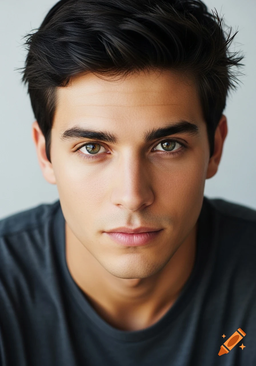 Close-up photorealistic portrait of a young man with short dark hair and vibrant green eyes, looking directly forward.