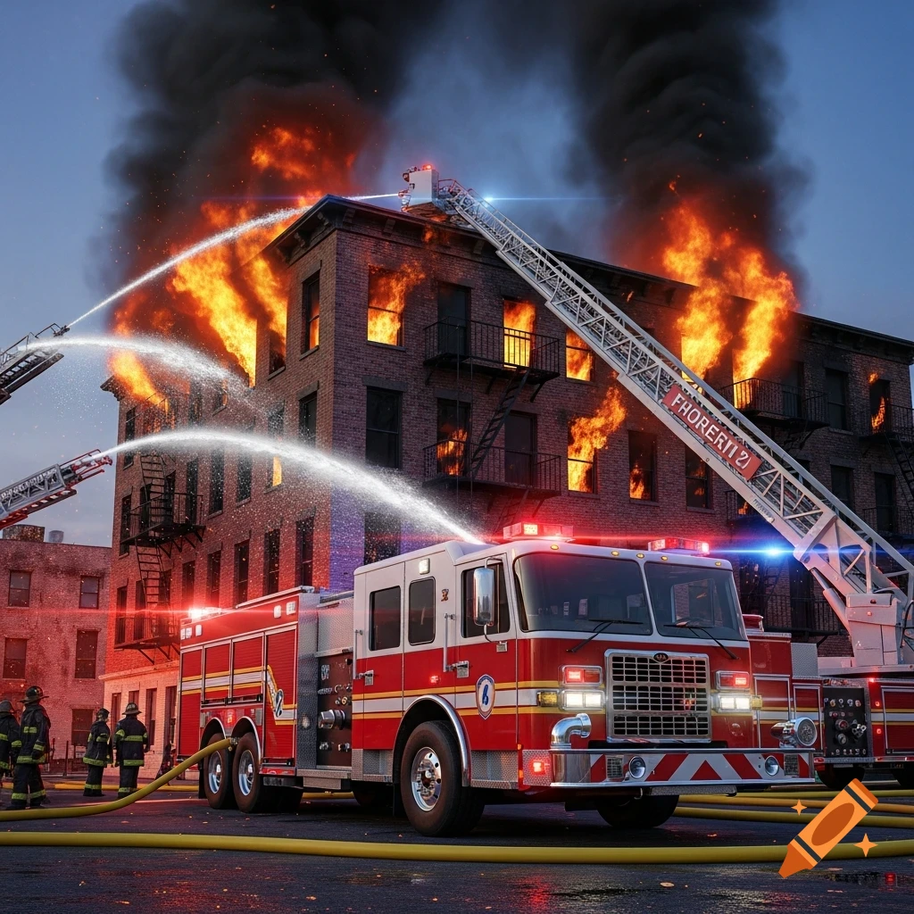 Photorealistic image of a fire truck and firefighters battling a large building fire with water hoses on a city street at dusk.