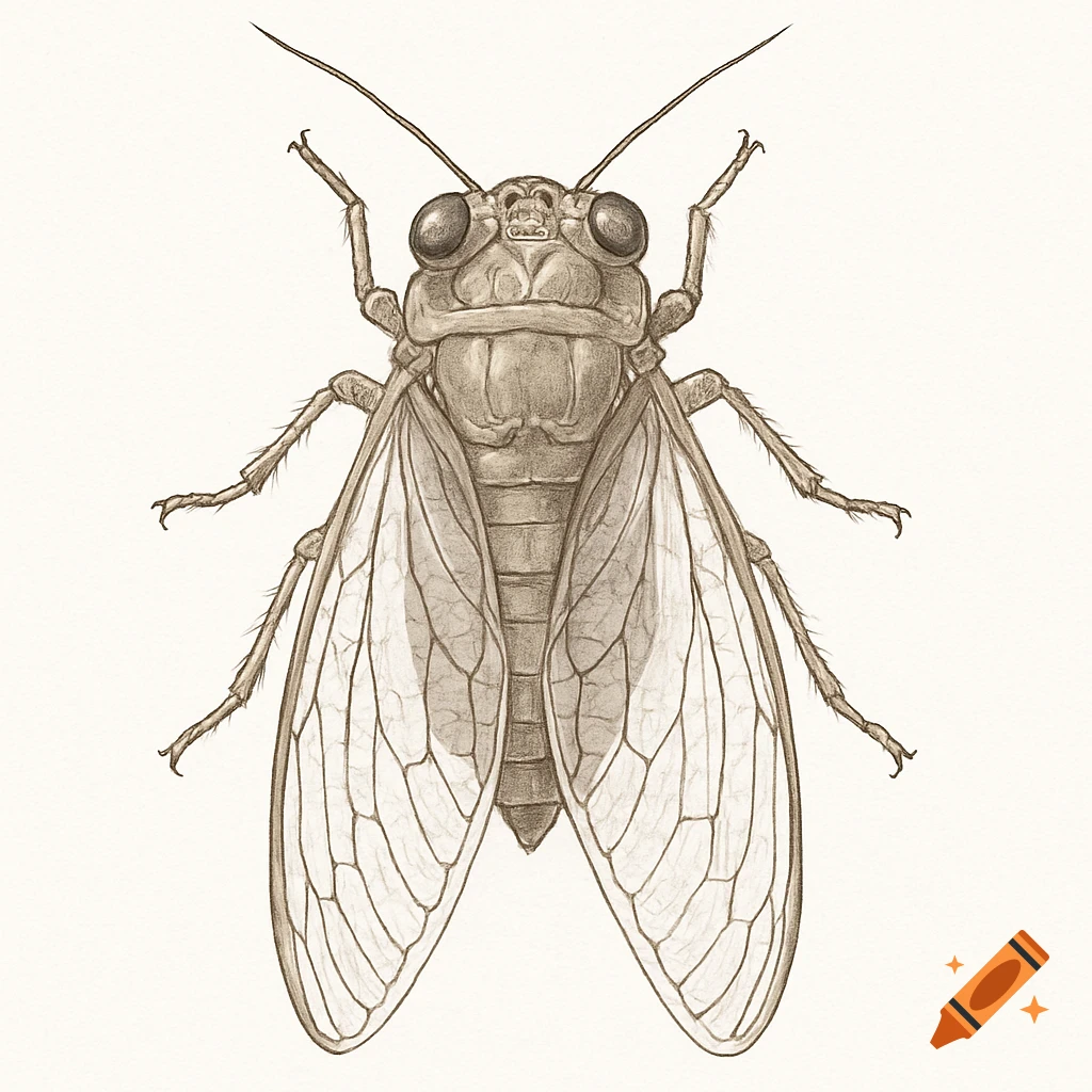 Detailed, top-down pencil drawing of a cicada with segmented body, antennae, eyes, legs, and veined wings, on a white background.