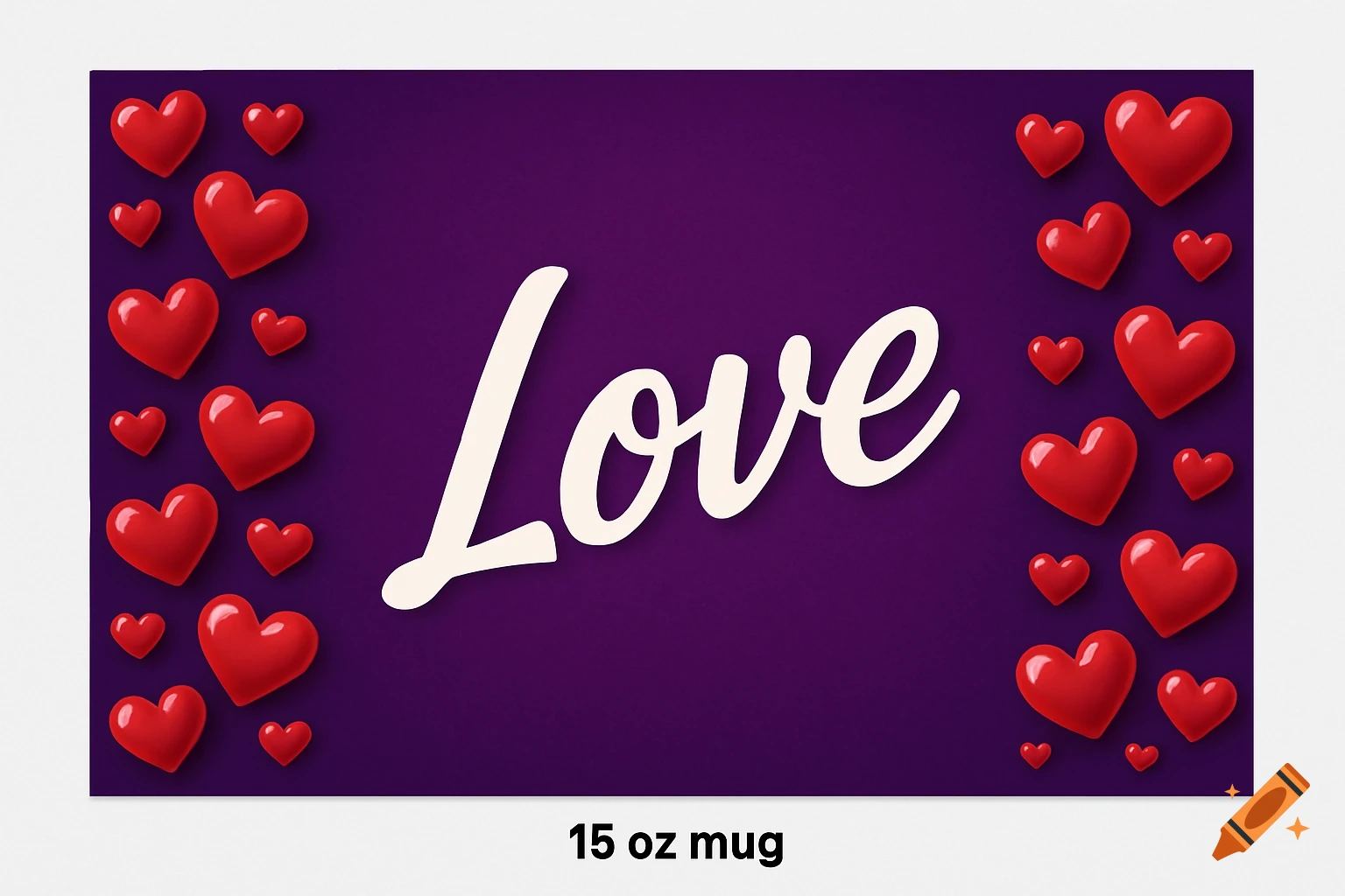 A purple mug template with white script text 'Love' in the center, surrounded by numerous glossy red hearts along the edges.