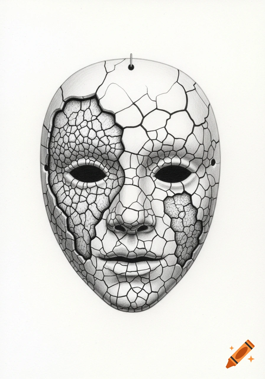 A detailed black and white pencil sketch of a cracked ceramic mask, with intricate shatter patterns across its surface.