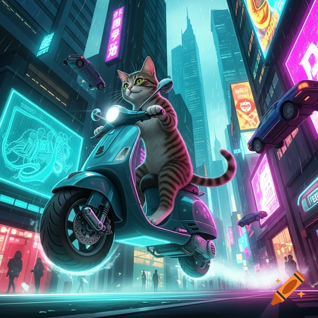 A striped cat rides a glowing, hovering scooter through a rainy ...