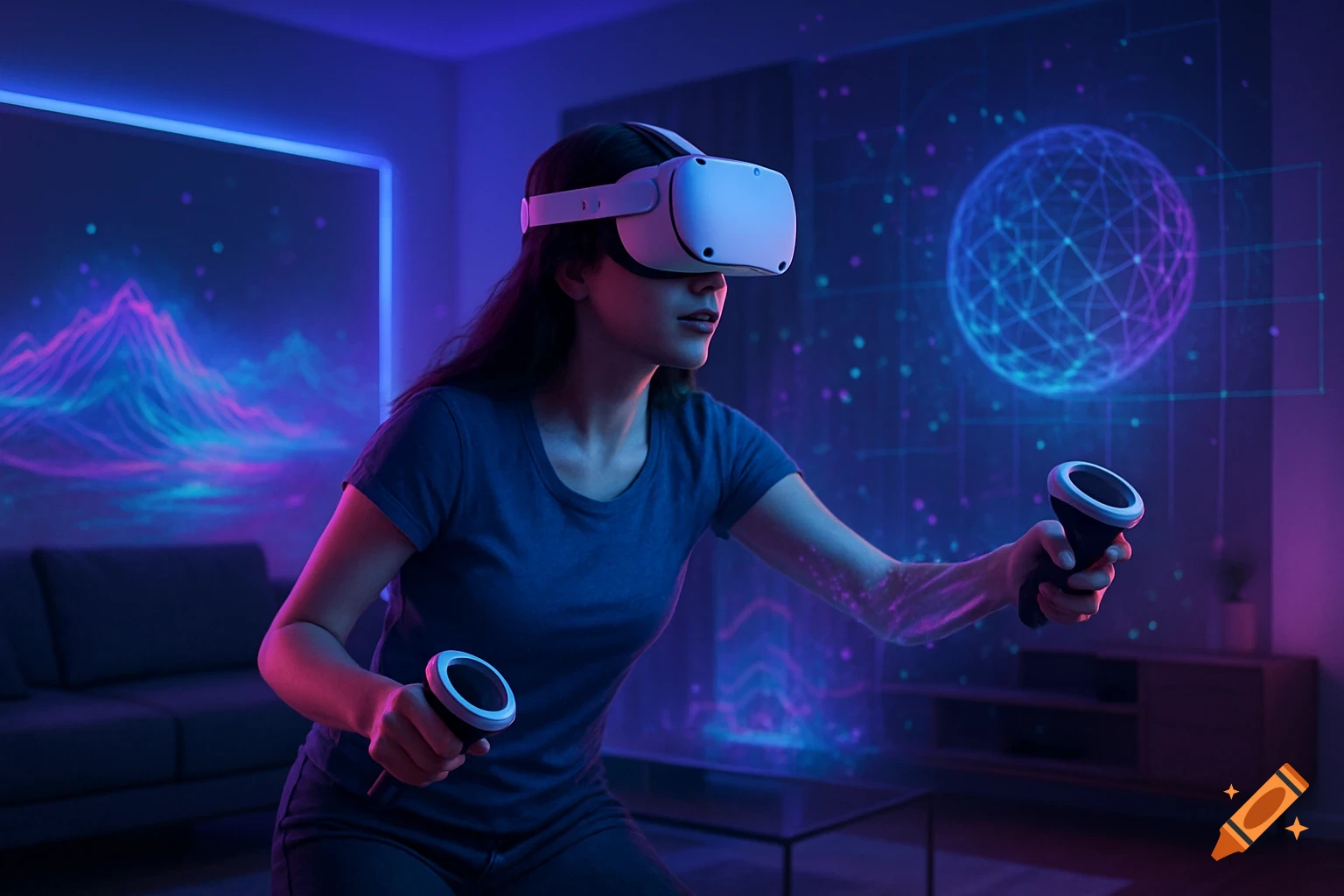 A person wearing a white VR headset and holding controllers, immersed in a futuristic virtual reality world with glowing holographic projections.