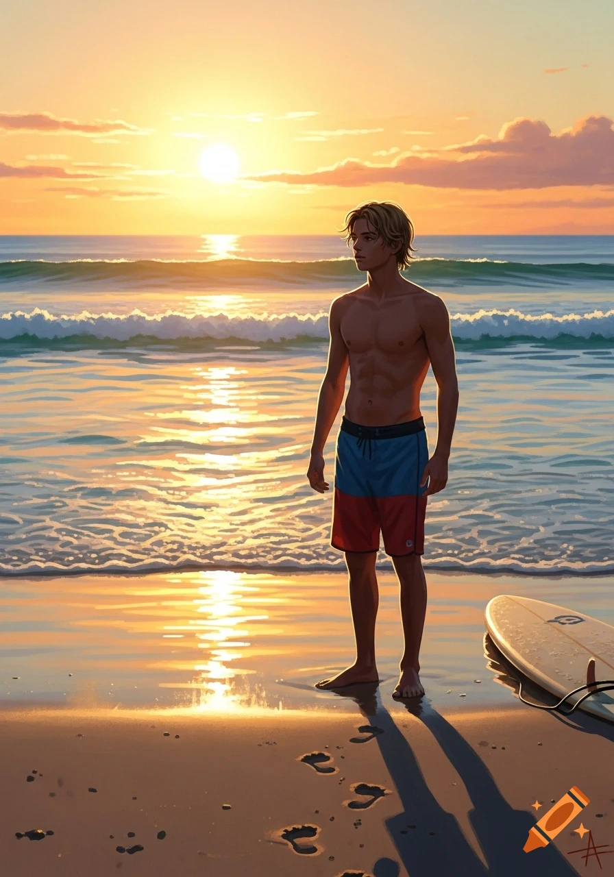 Shirtless surfer boy on a beach at sunset, looking at waves, surfboard nearby. Digital art.
