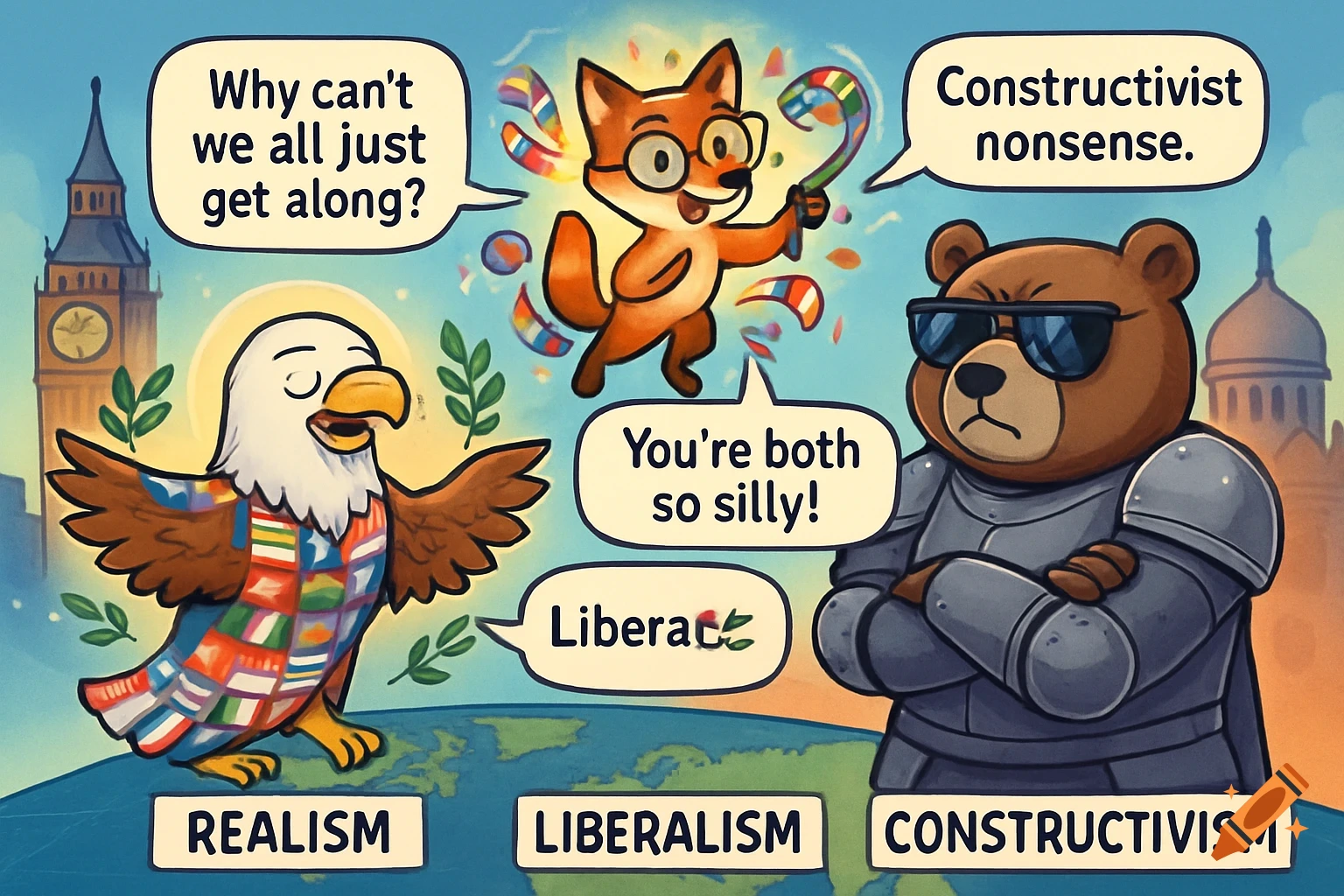 Cartoon meme depicting an eagle representing Realism, a fox representing Liberalism, and a bear representing Constructivism discussing international relations.