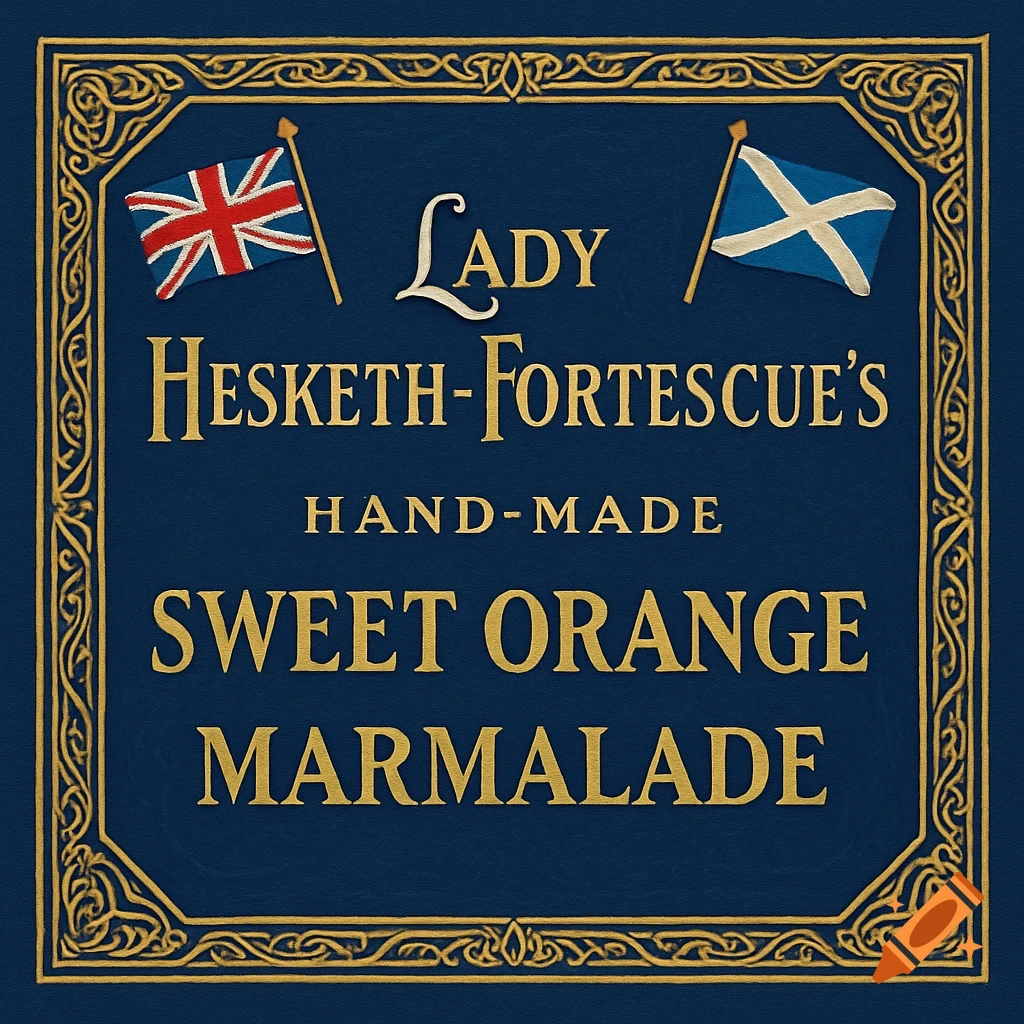 An elegant navy blue label with a gold Celtic knot border, featuring the Union Jack and Scottish flags, and the text "Lady Hesketh-Fortescue's Hand-Made Sweet Orange Marmalade" in gold.
