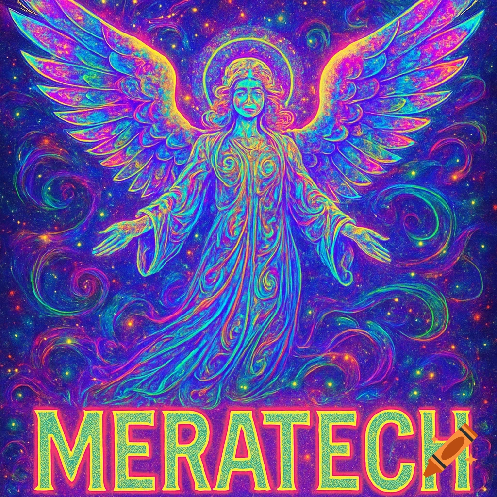 A vibrant psychedelic digital art of an angel with glowing wings floating in a cosmic environment, with the text 'MERATECH' at the bottom.