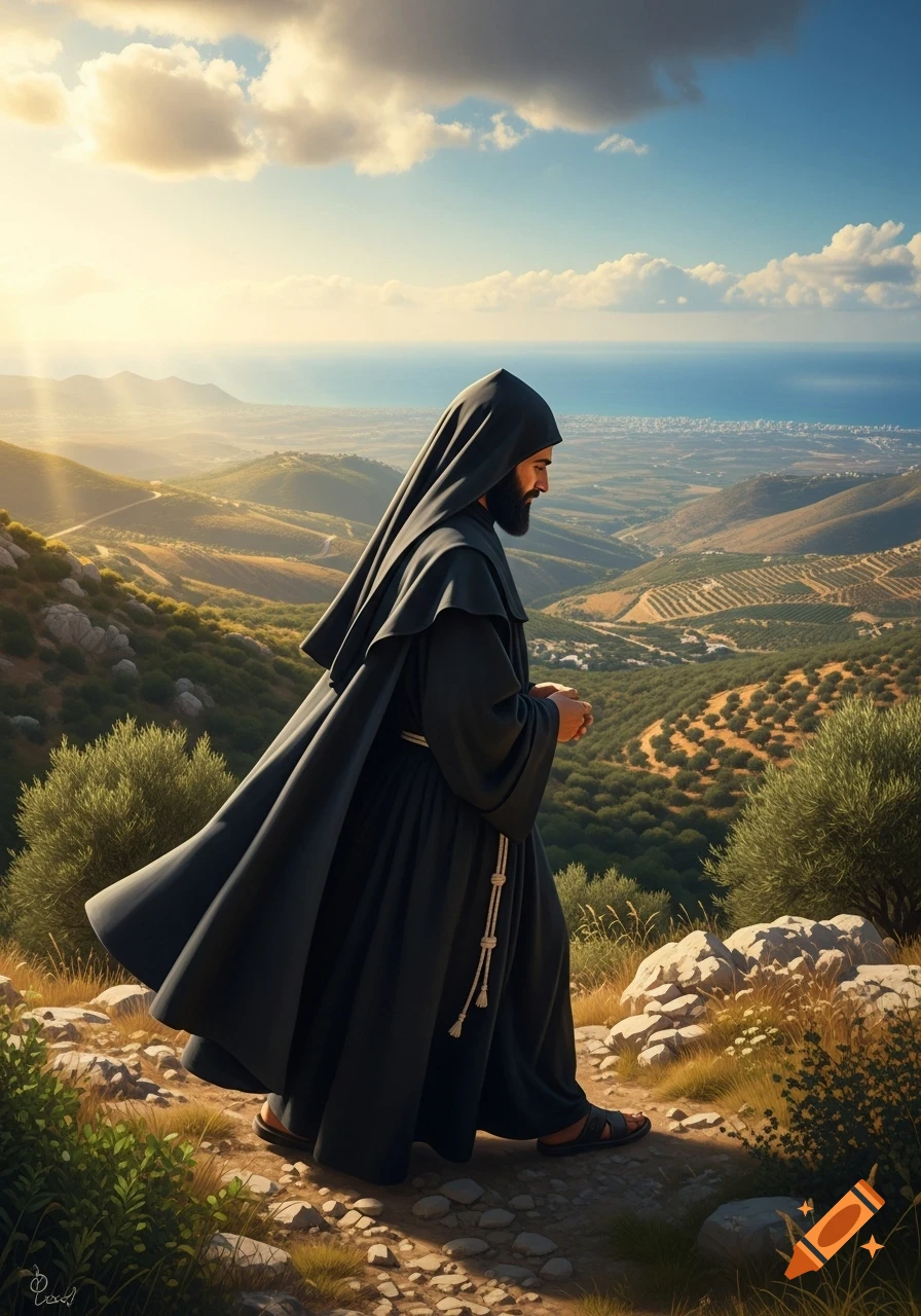 A man in a black monk's habit walks up a rocky hill overlooking a vast landscape of olive groves, a city, and the ocean under a bright sky.