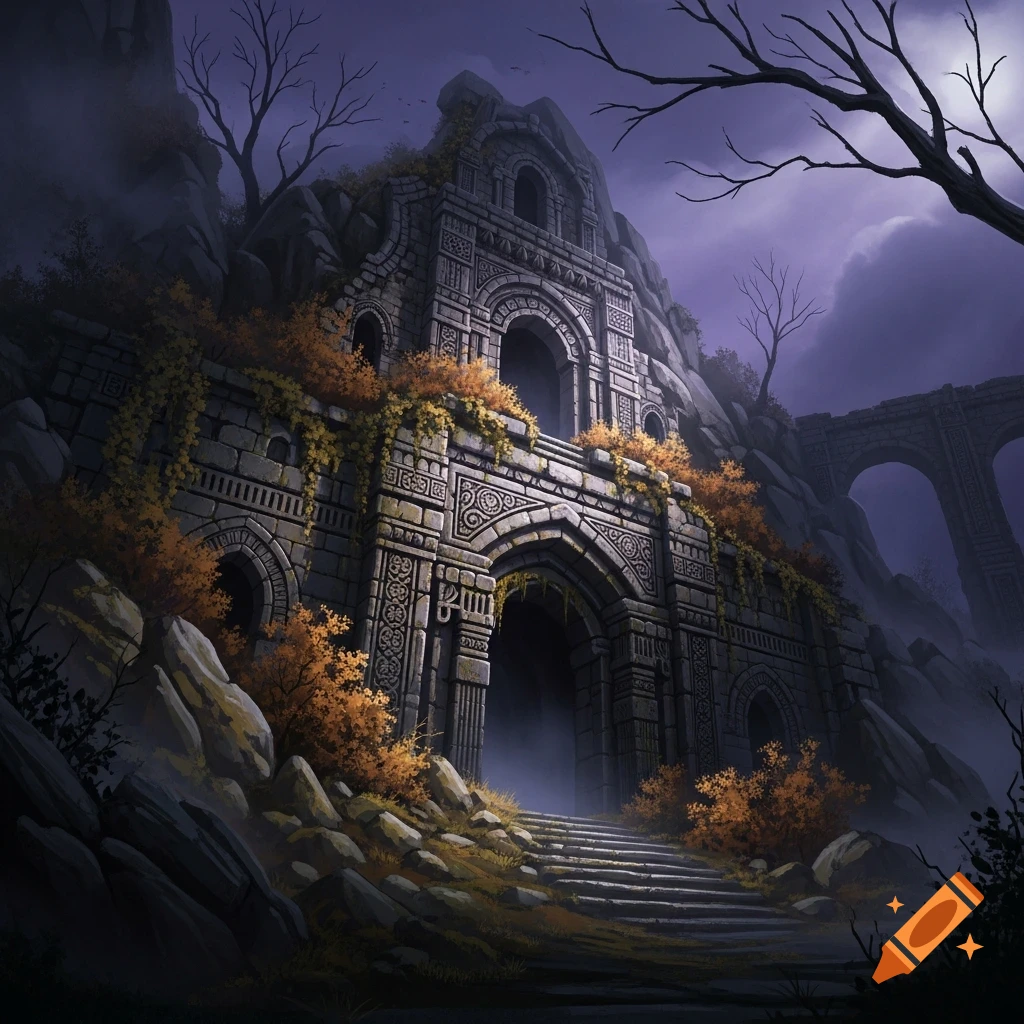 An ancient stone temple ruin with ornate carvings and arches, overgrown with autumn foliage, on a hillside under a dark, gloomy twilight sky. Digital painting.