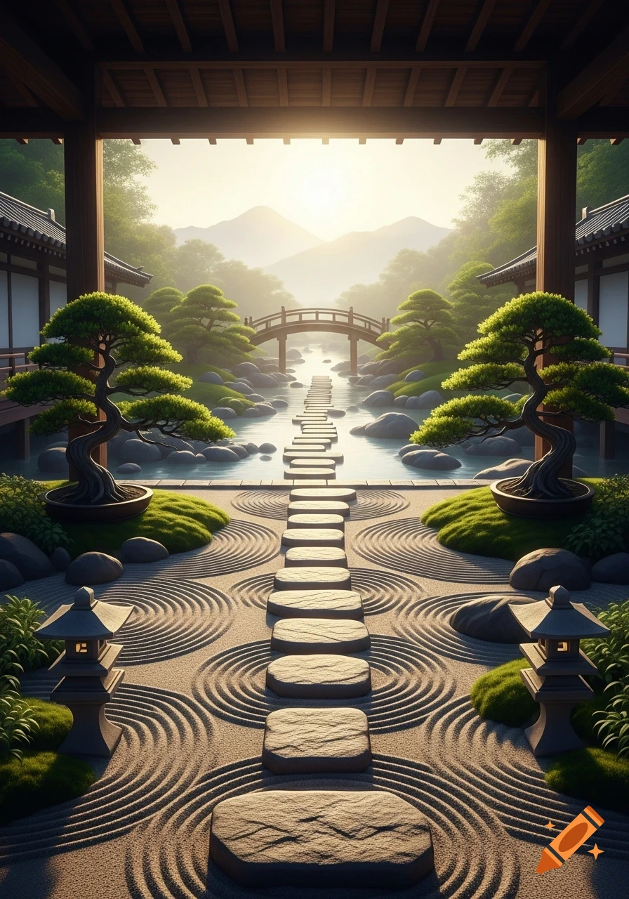 A serene Japanese garden with raked sand, stepping stones leading across a pond to a bridge, bonsai trees, and traditional architecture.