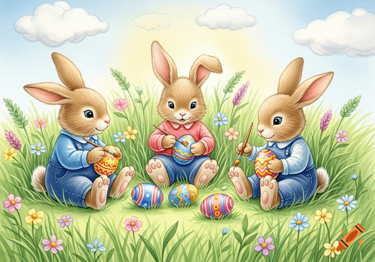 Three watercolor Easter bunnies paint colorful eggs in a flowery meadow under a sunny sky.