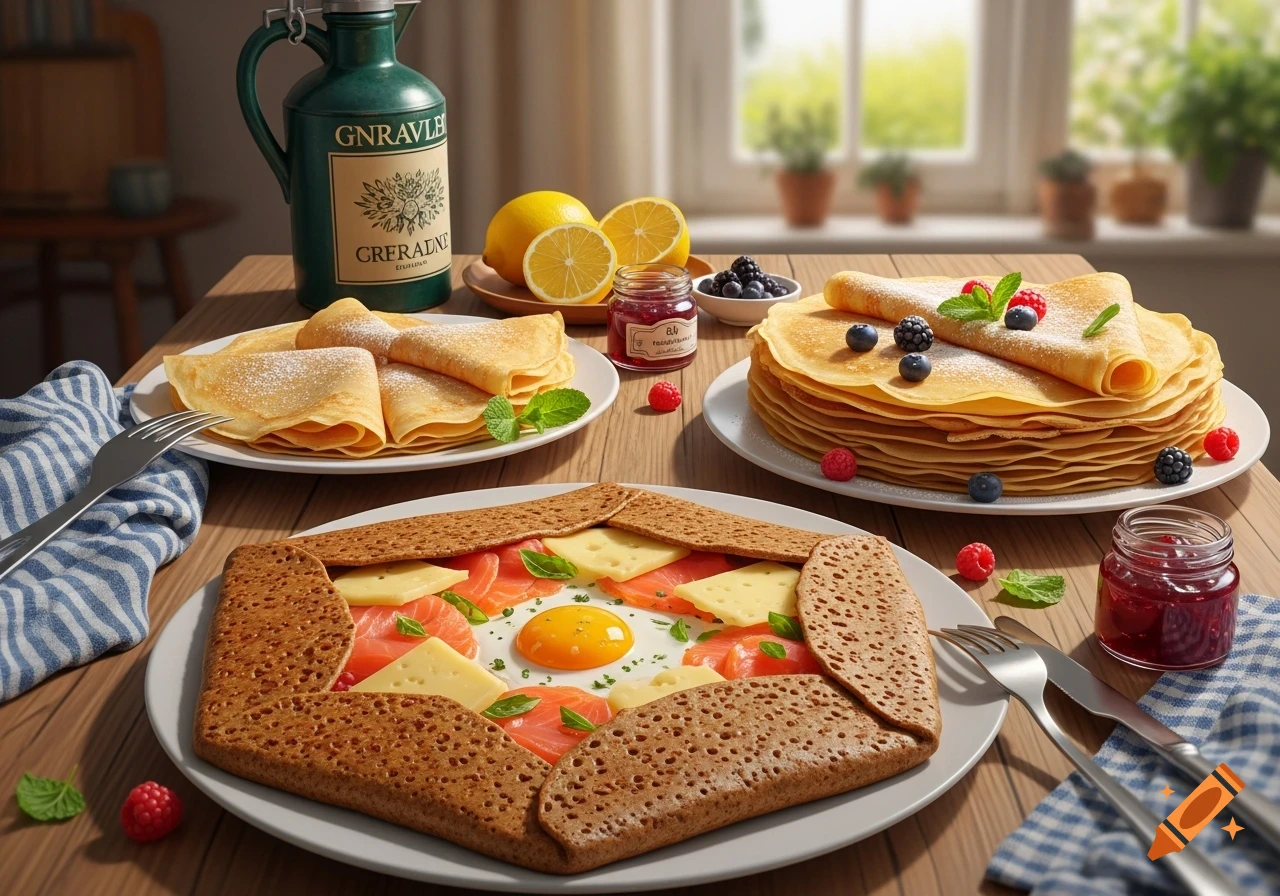 A rustic table set with sweet crepes and a savory buckwheat galette with an egg, salmon, and cheese, surrounded by berries and jam.