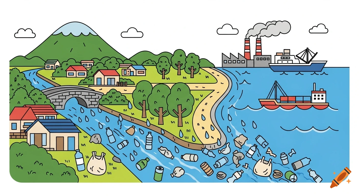 Colorful flat illustration depicting a river carrying litter from a town and bridge into the sea, where a factory and ships also contribute to pollution.