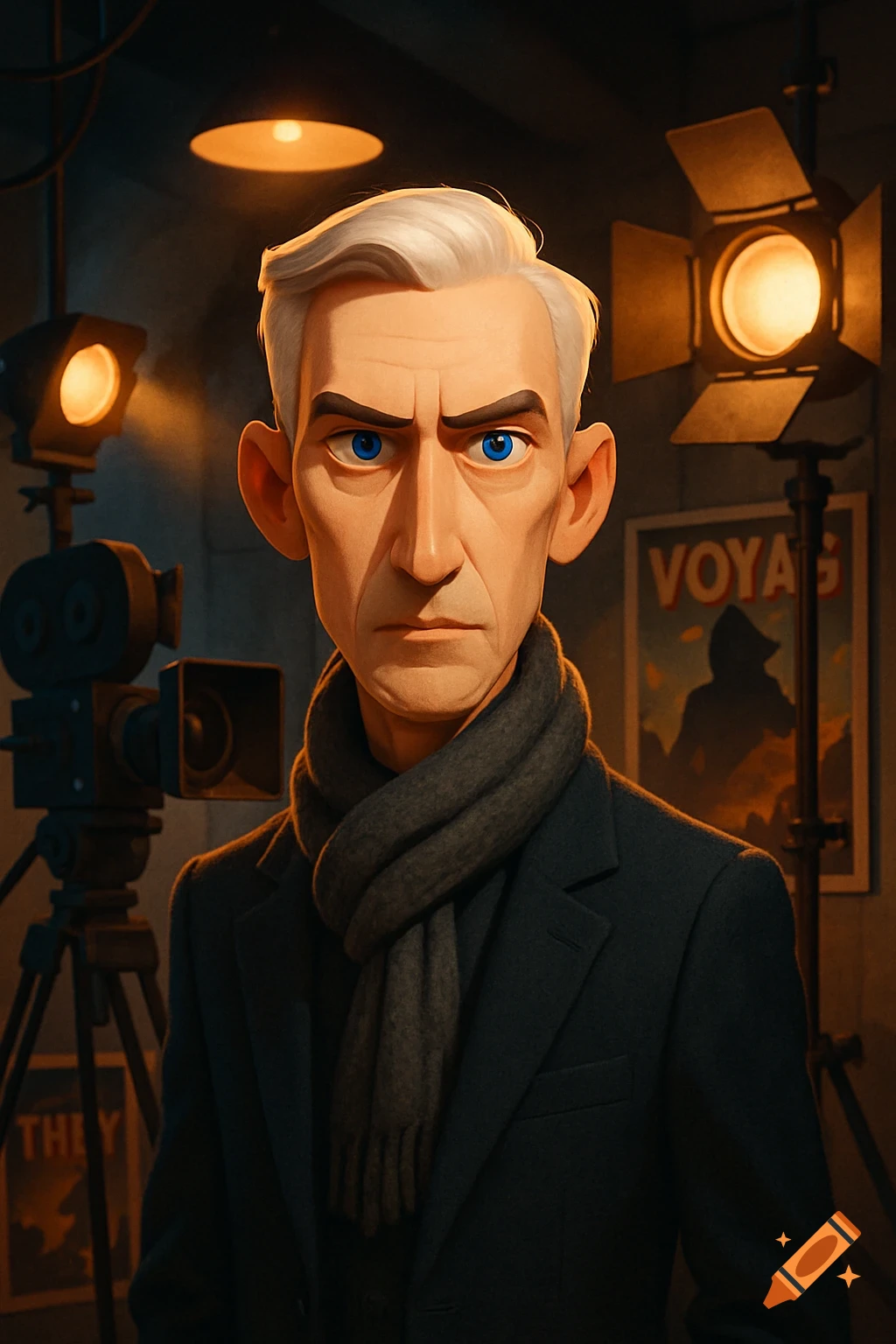 A stylized cartoon portrait of a serious male film director with white hair and blue eyes, wearing a dark suit and scarf, in a moody film studio with bright lights and posters.