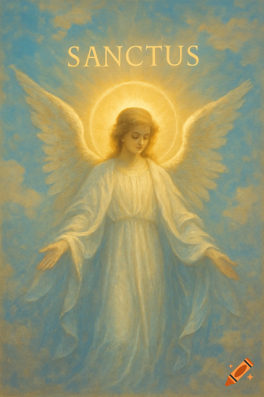 A classical painting of an angel with outstretched arms, a halo, and the word 'SANCTUS' above, set against a cloudy sky.